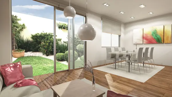 Render de la sala y el comedor de una vivienda de Lefevre Lux, abiertos al jardín