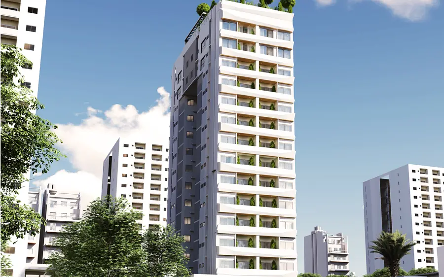 Render de la torre Sky 66 vista desde la calle, entre árboles y edificios vecinos